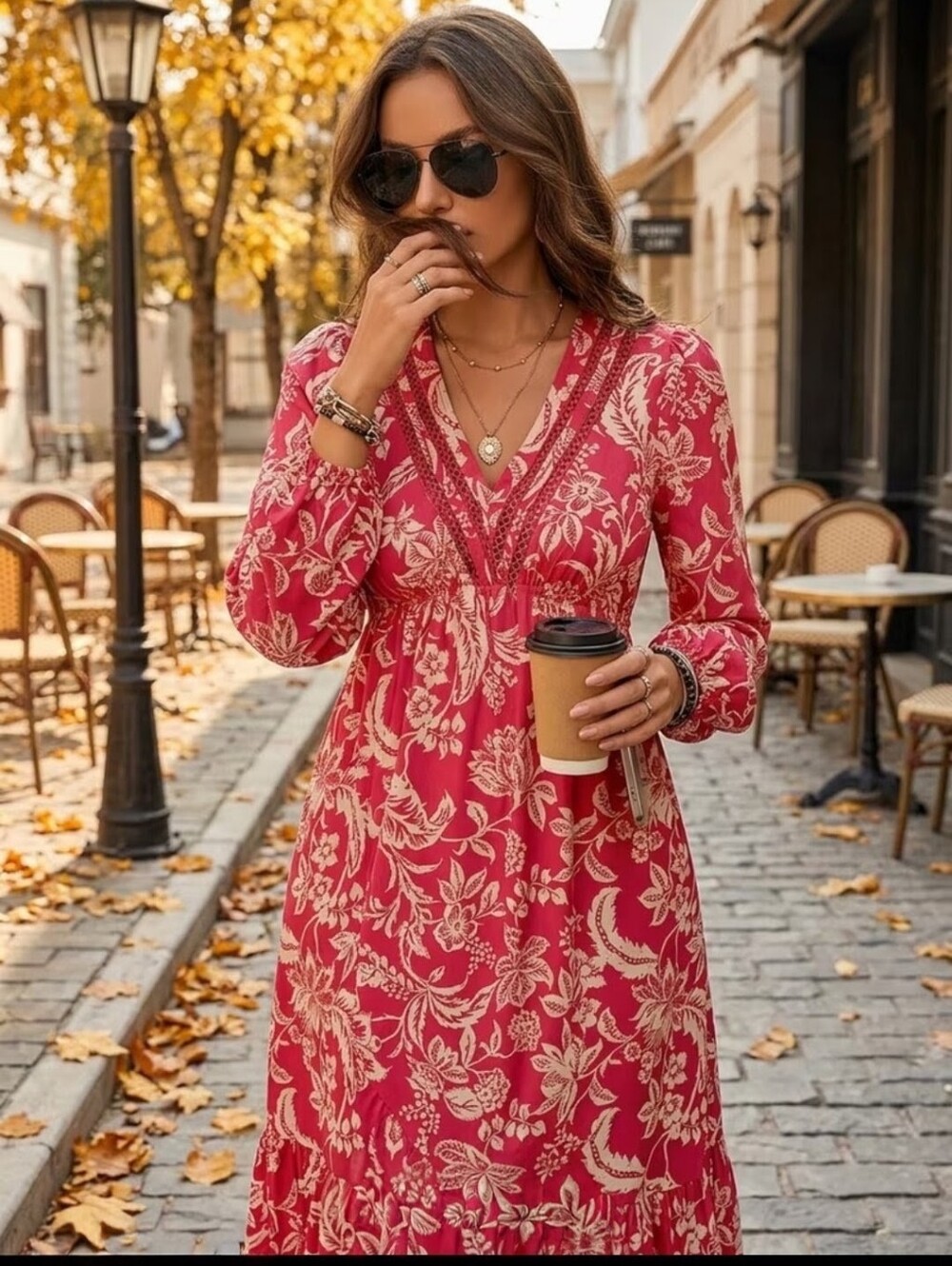 Floral V-Neck Long Sleeve Maxi Dress - Pink - Picture 3 of 11
